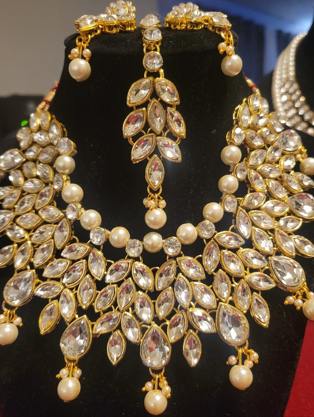 Gold Crystal & Pearl Statement Necklace Set - Women Jewelry